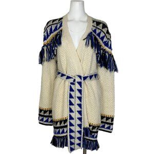 MOTHER Cream Knit Fringe Cardigan with Blue & Black Chevron Trim